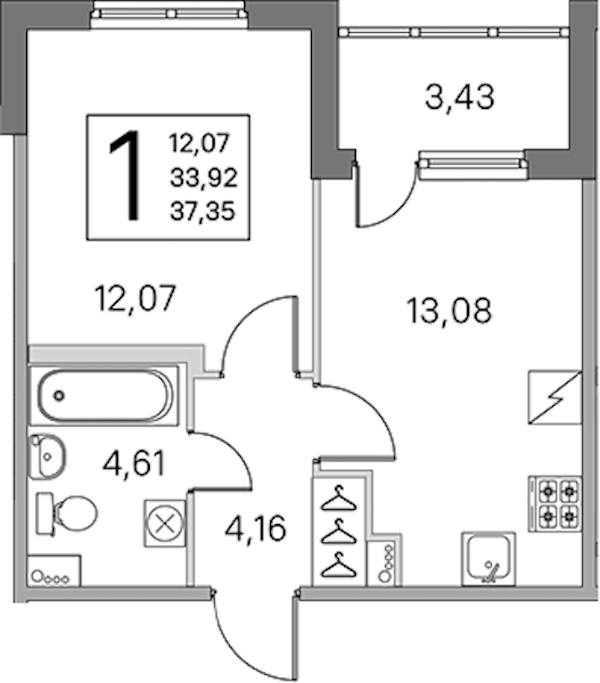 1-комнатная квартира 33.92 м², 2/5 эт., ЖК «ЮгТаун. Олимпийские кварталы»
